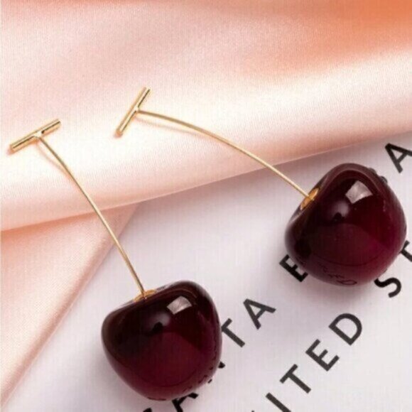 Red Cherry Design Long Gold Stem Statement Earrings - Picture 3 of 4